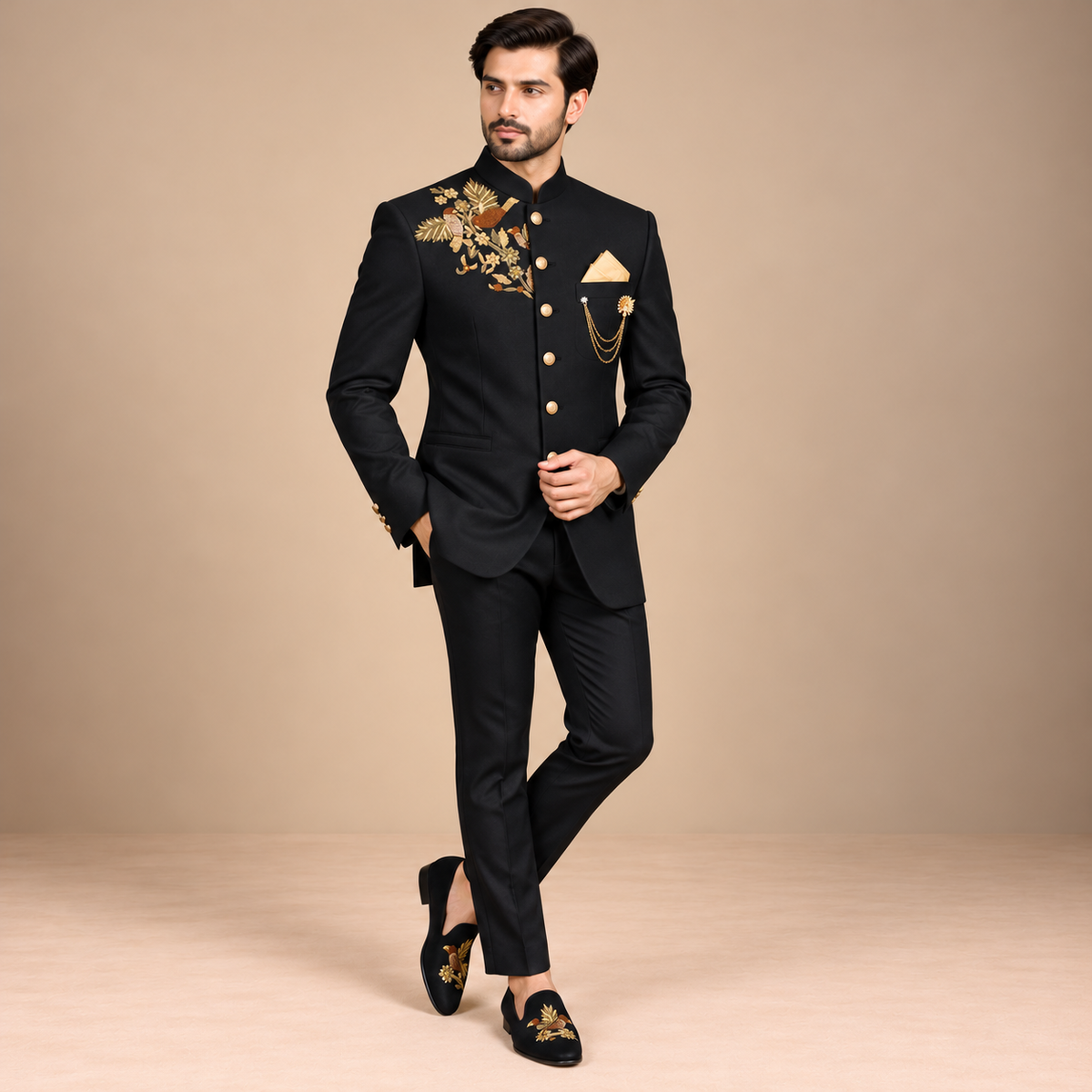 Black embellished prince coat in imported soft raw silk