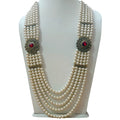 Five layer real pearl necklace with red stones