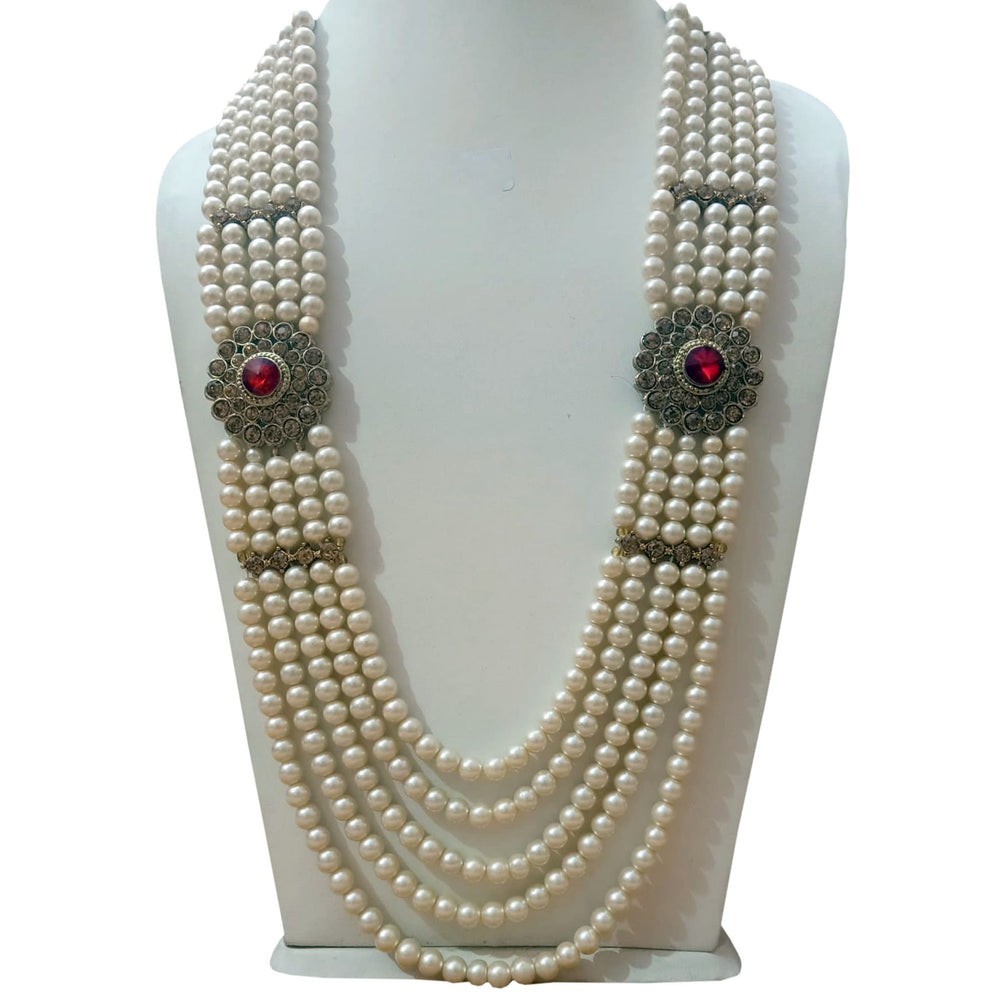 Five layer real pearl necklace with red stones