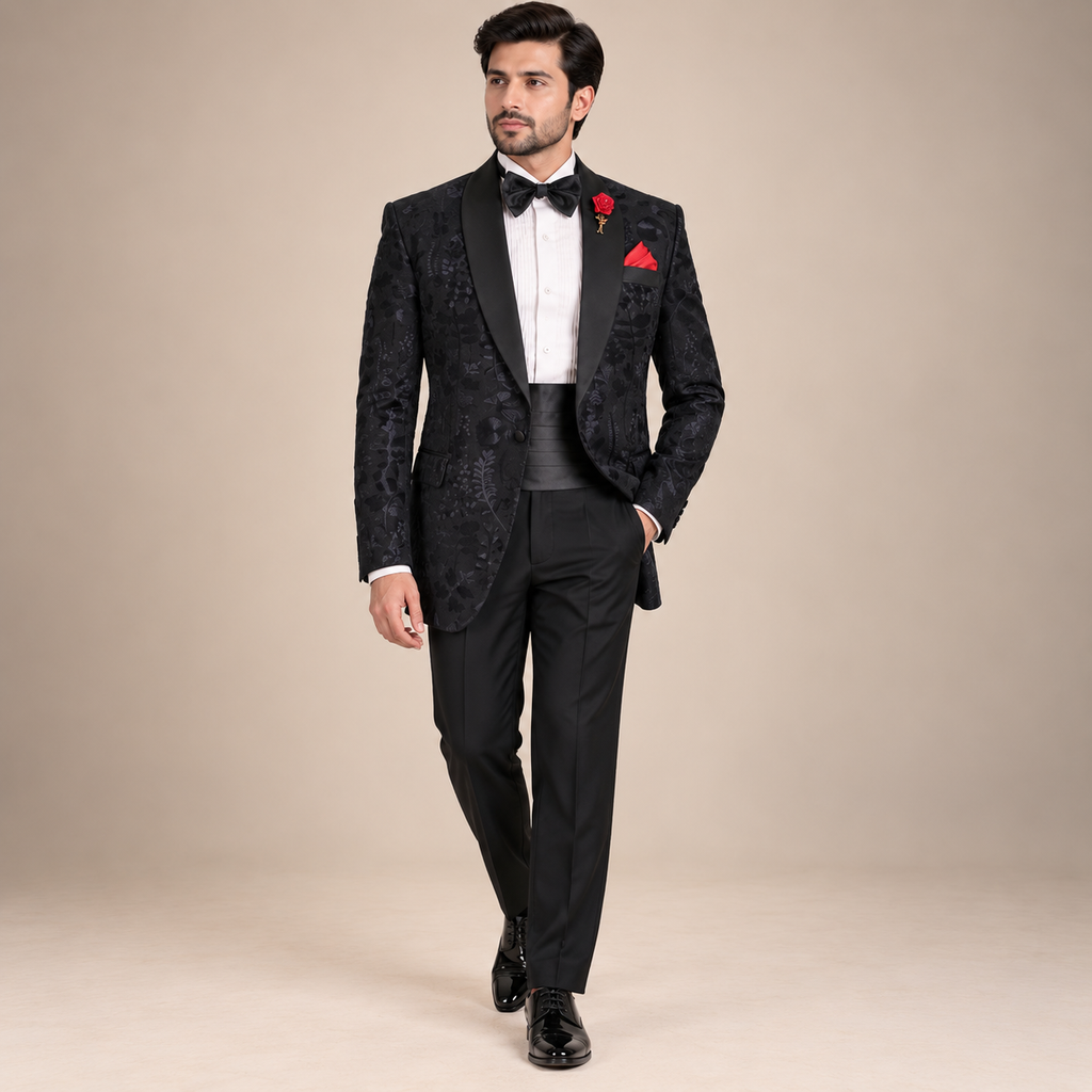 Black Floral Tuxedo for Men in Jamawar Resham Embroidery