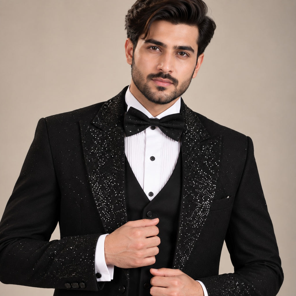 Black Tuxedo for Groom in Hand Embellished Moonlight Fabric
