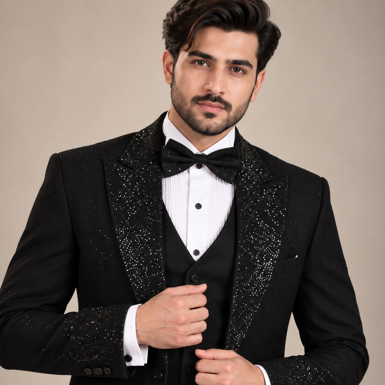 
                  
                    Black Tuxedo for Groom in Hand Embellished Moonlight Fabric
                  
                