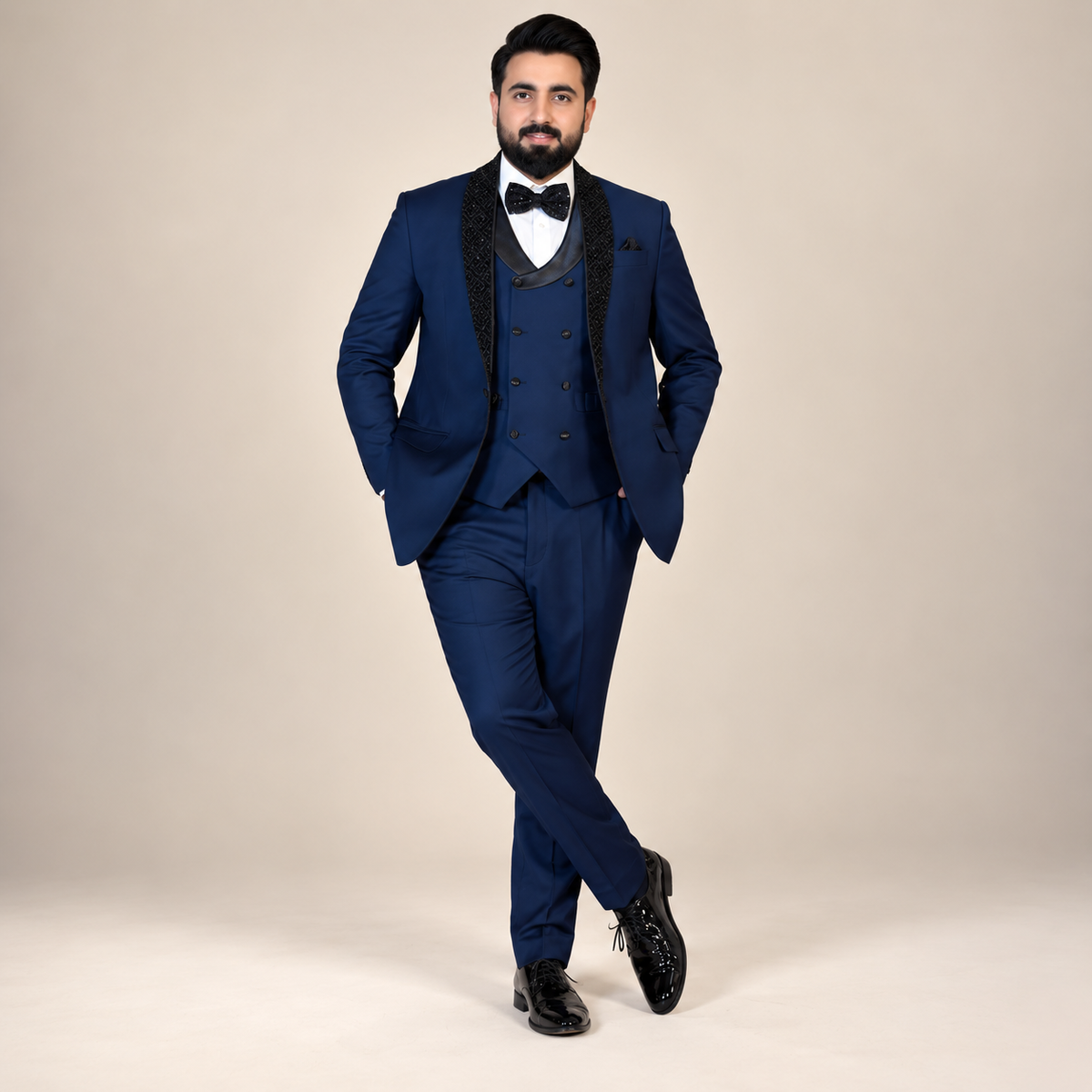 Men's Luxury Navy Blue 3-Piece Tuxedo Suit with Shawl Lapel