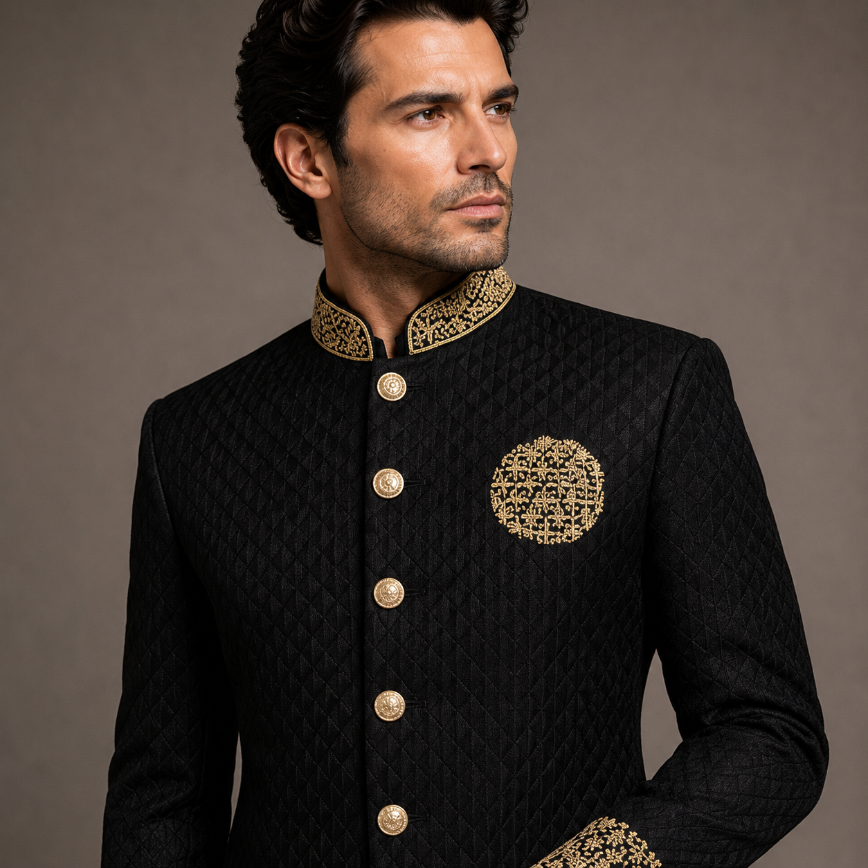 
                  
                    Black Pure Embroidered Prince Coat for Groom
                  
                
