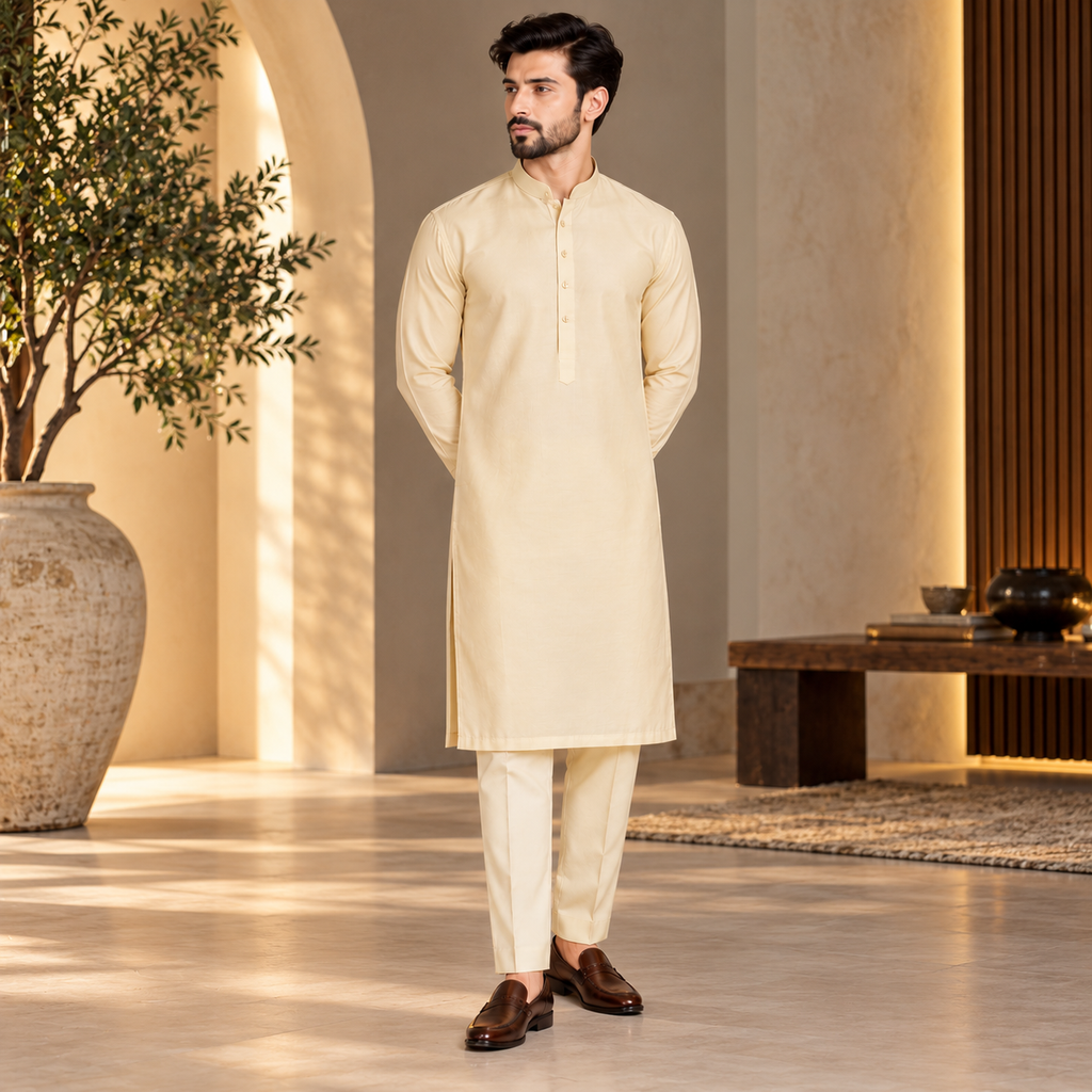 Men's Imported Jamawar Rao Silk Fabric Off White Kurta Pajama