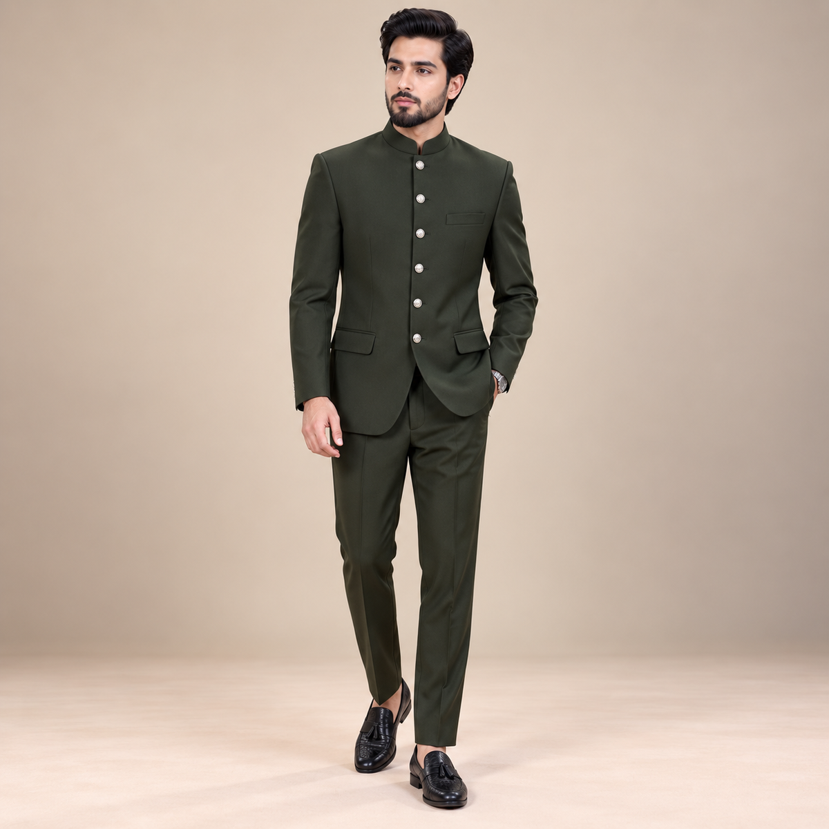 Men's Luxury Olive Green Bandhgala Prince Coat 2 Piece Suit