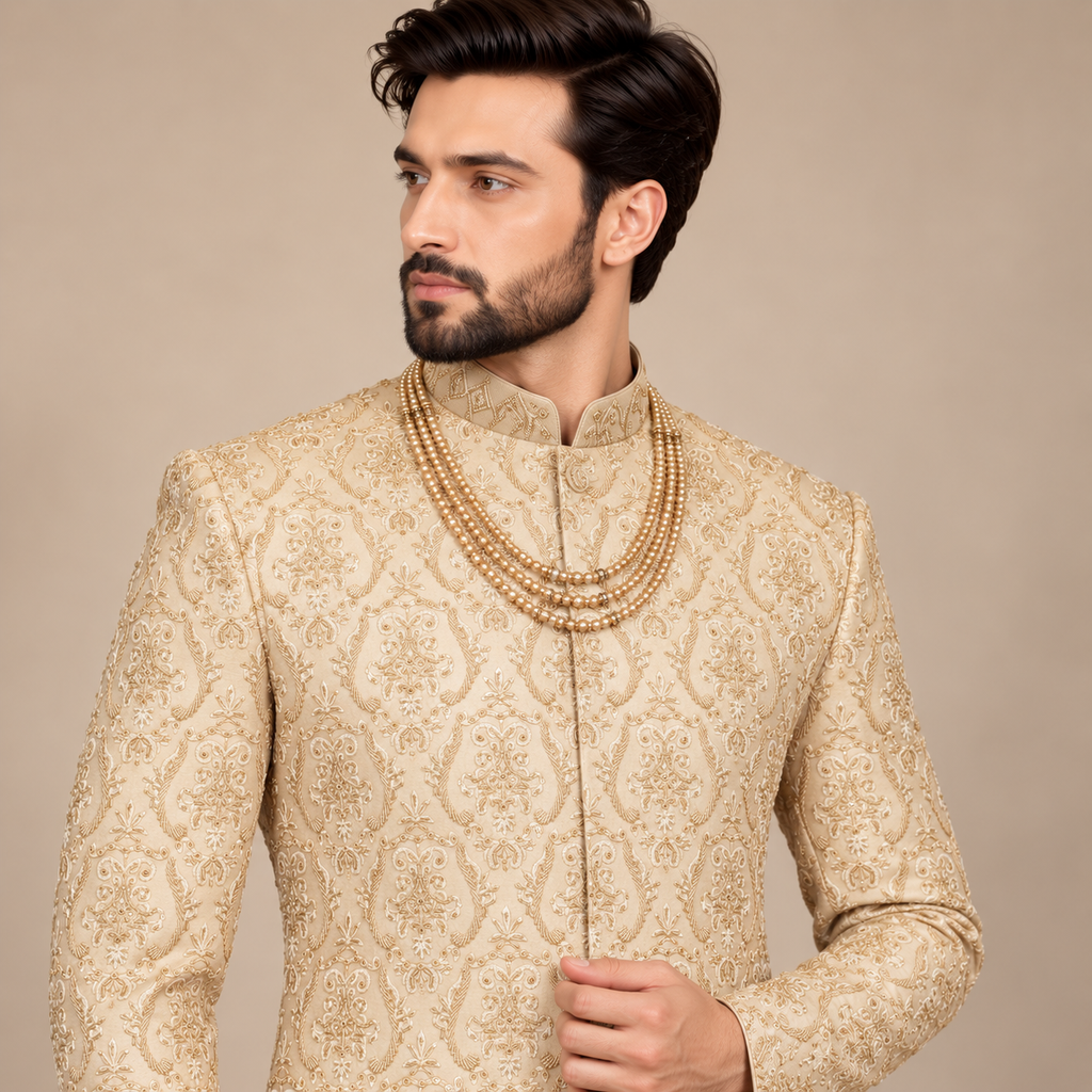 Luxury Light Golden Embroidered Sherwani with Hand Embellishment for Groom