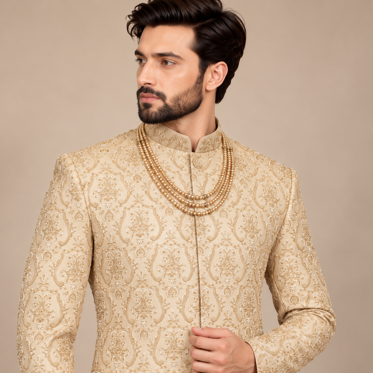 Luxury Light Golden Embroidered Sherwani with Hand Embellishment for Groom