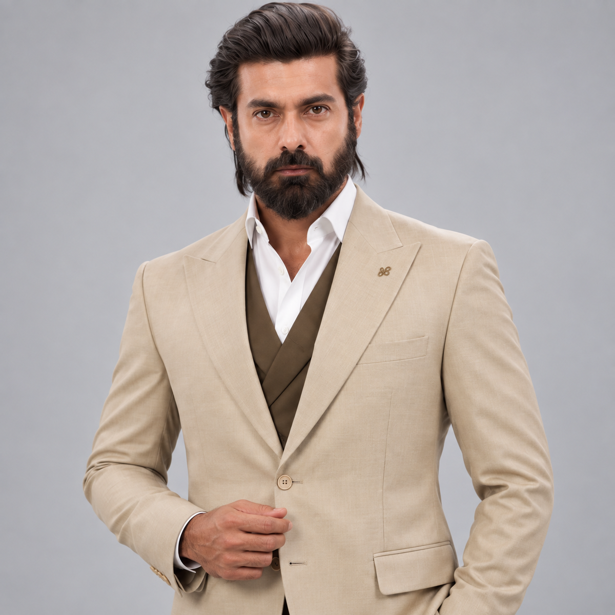 Mr. Sohail Sameer Pakistani Actor wearing Beige 3 Piece Suit for Groom in Guabello Cashmere Wool