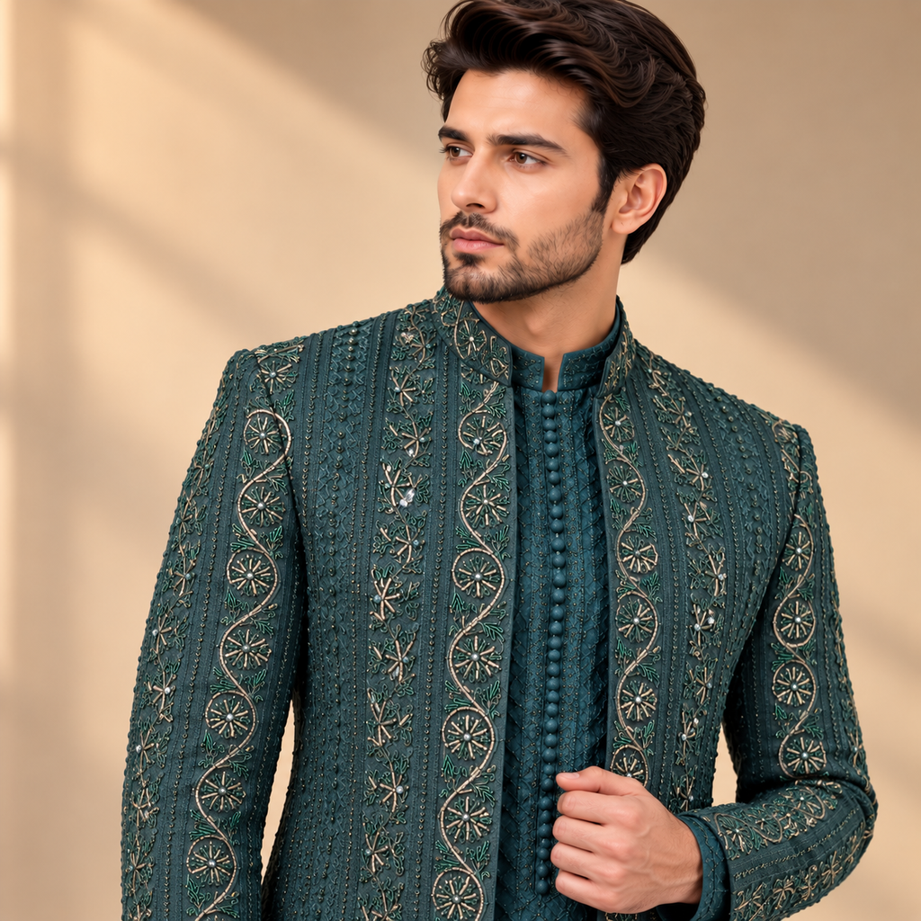 EMERALD REGAL EMBROIDERED BANDHGALA SUIT