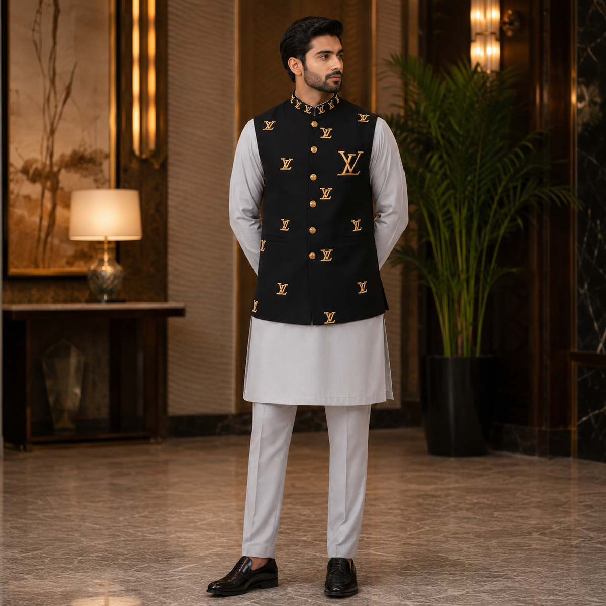 Men's Luxury Jet Black Embroidered Waistcoat with White Kurta Pajama