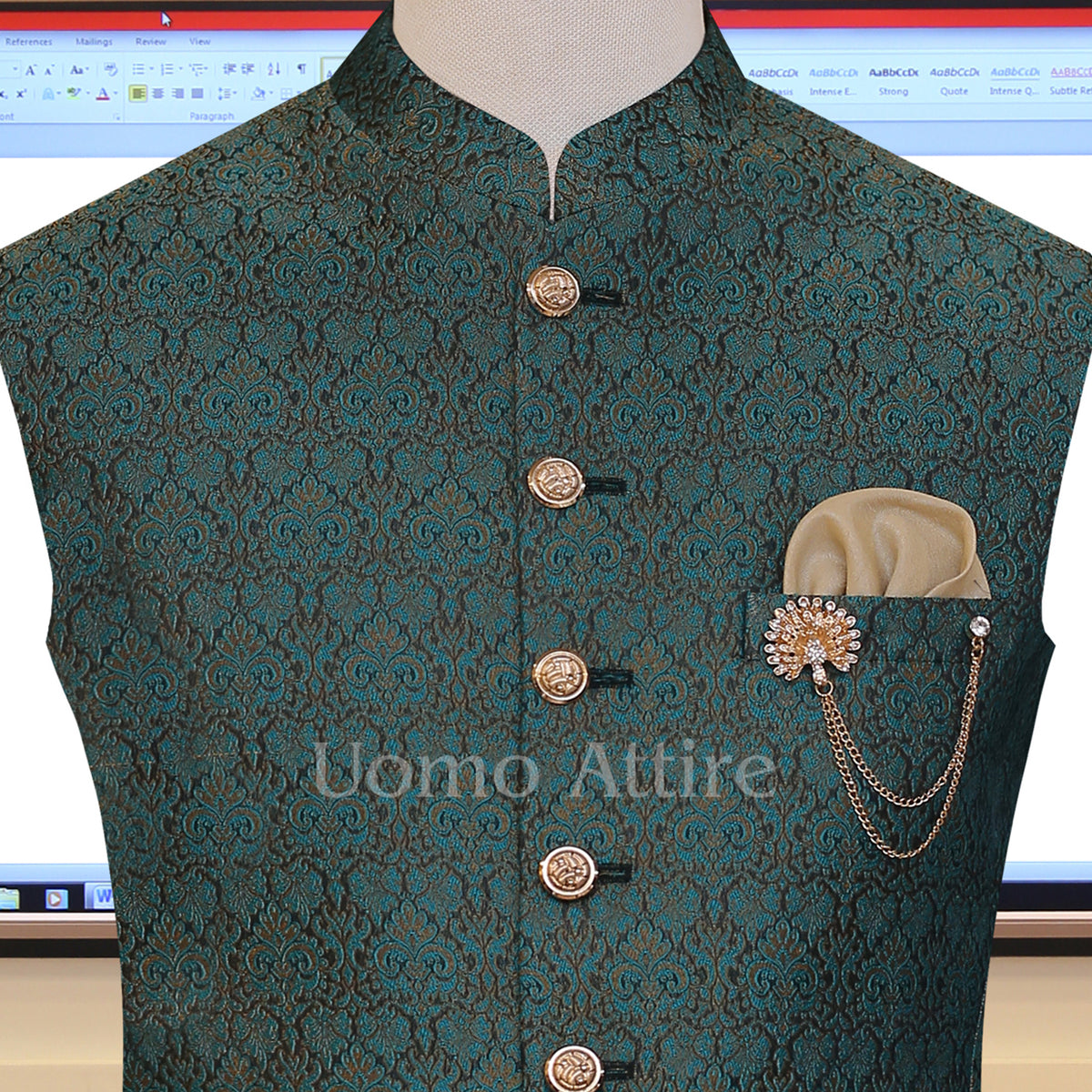 Self textured waistcoat paired with light weight same fabric shoes
