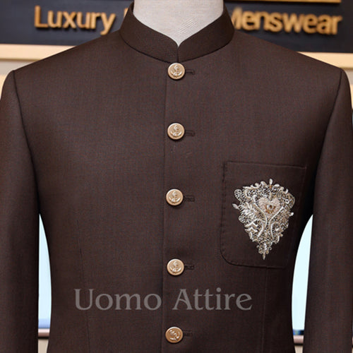 Bespoke chocolate brown prince suit with embellished patch pocket