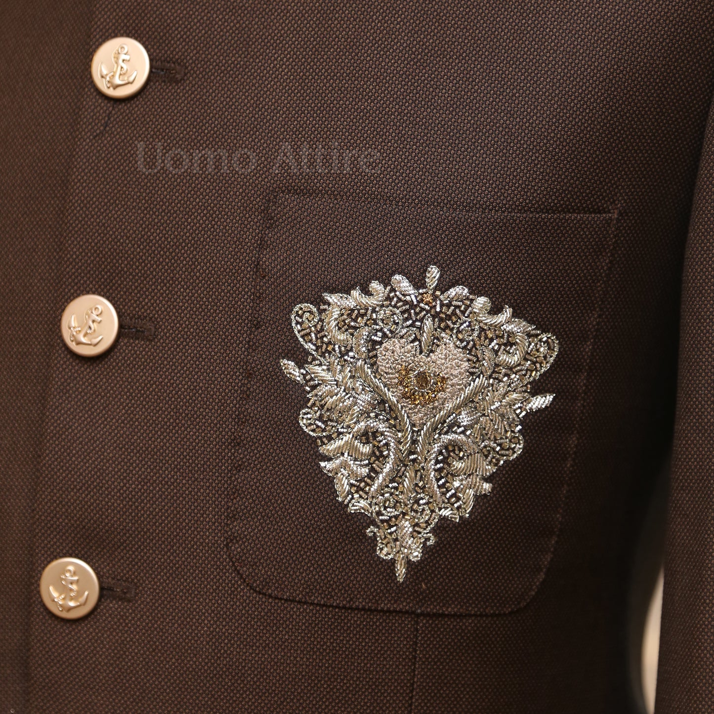 
                  
                    Bespoke chocolate brown prince suit with embellished patch pocket
                  
                