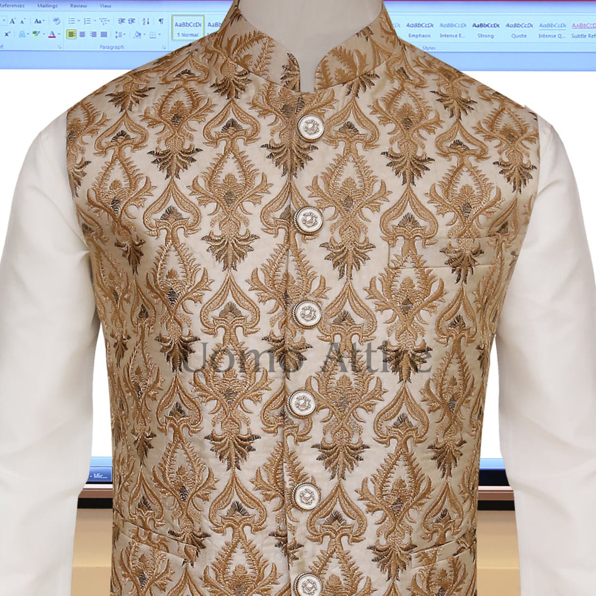 Off white based fabric customized waistcoat and khussa