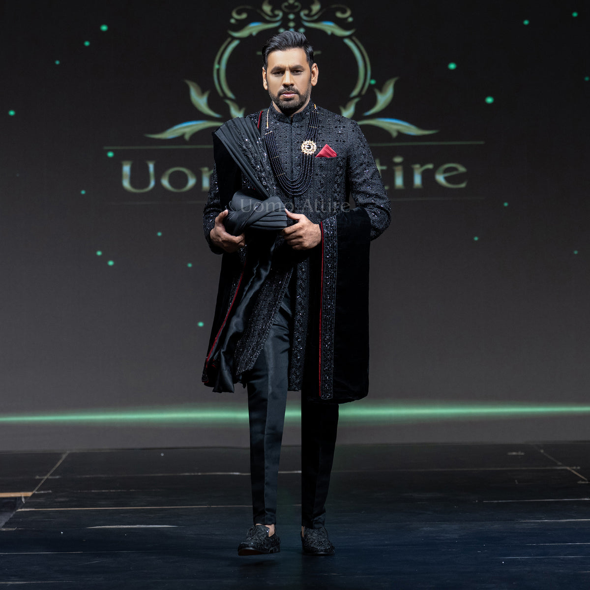 Men's Luxury Black Velvet Embroidered Sherwani with Shawl & Turban