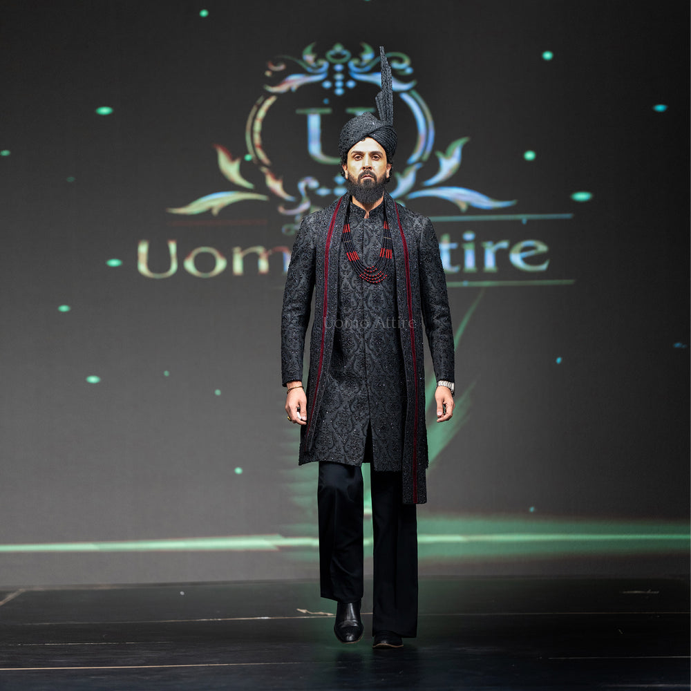 
                  
                    Men's Luxury Black Embroidered Sherwani with Groom Turban & Mala
                  
                