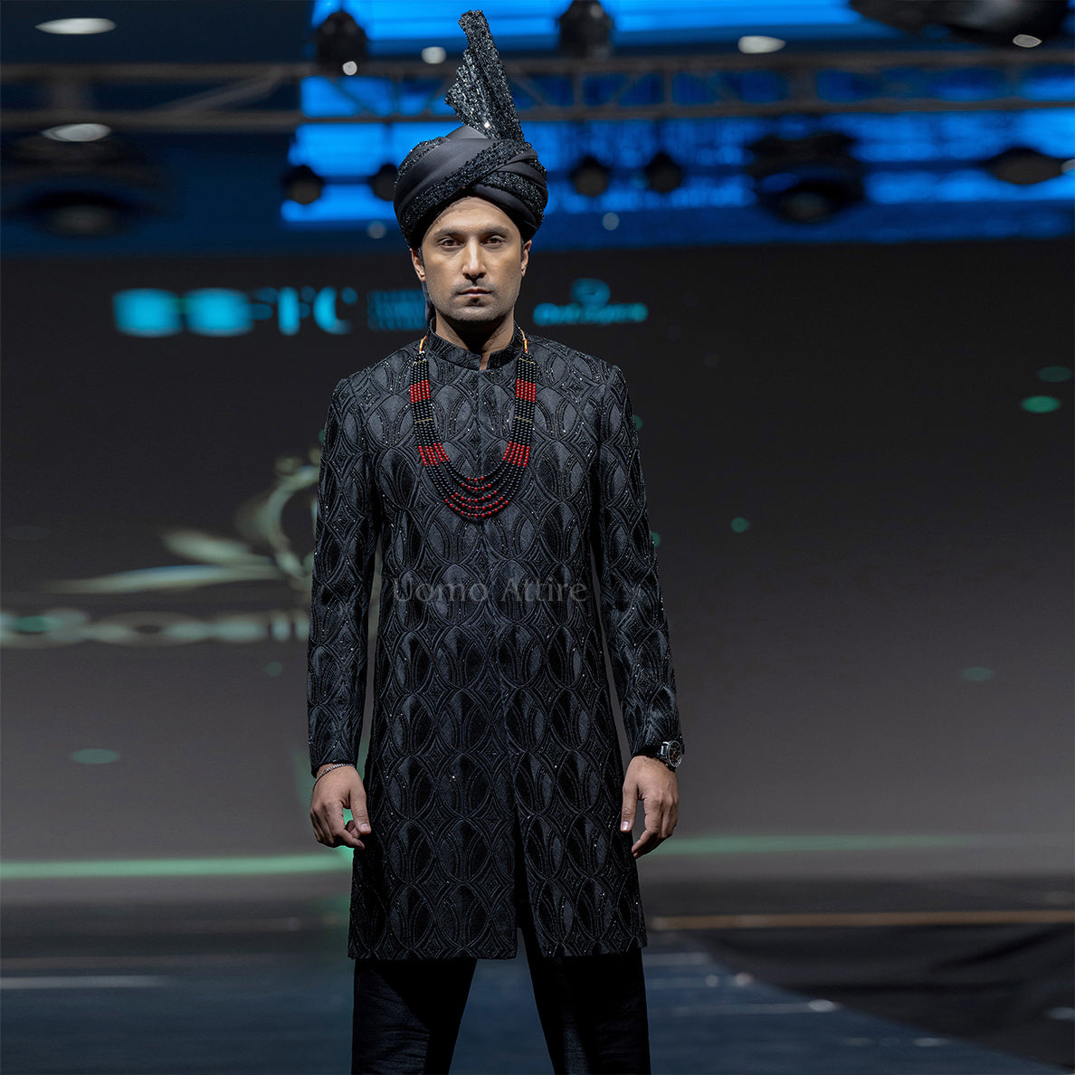 Men's Luxury Black Crystal-Embroidered Sherwani with Groom Turban & Mala