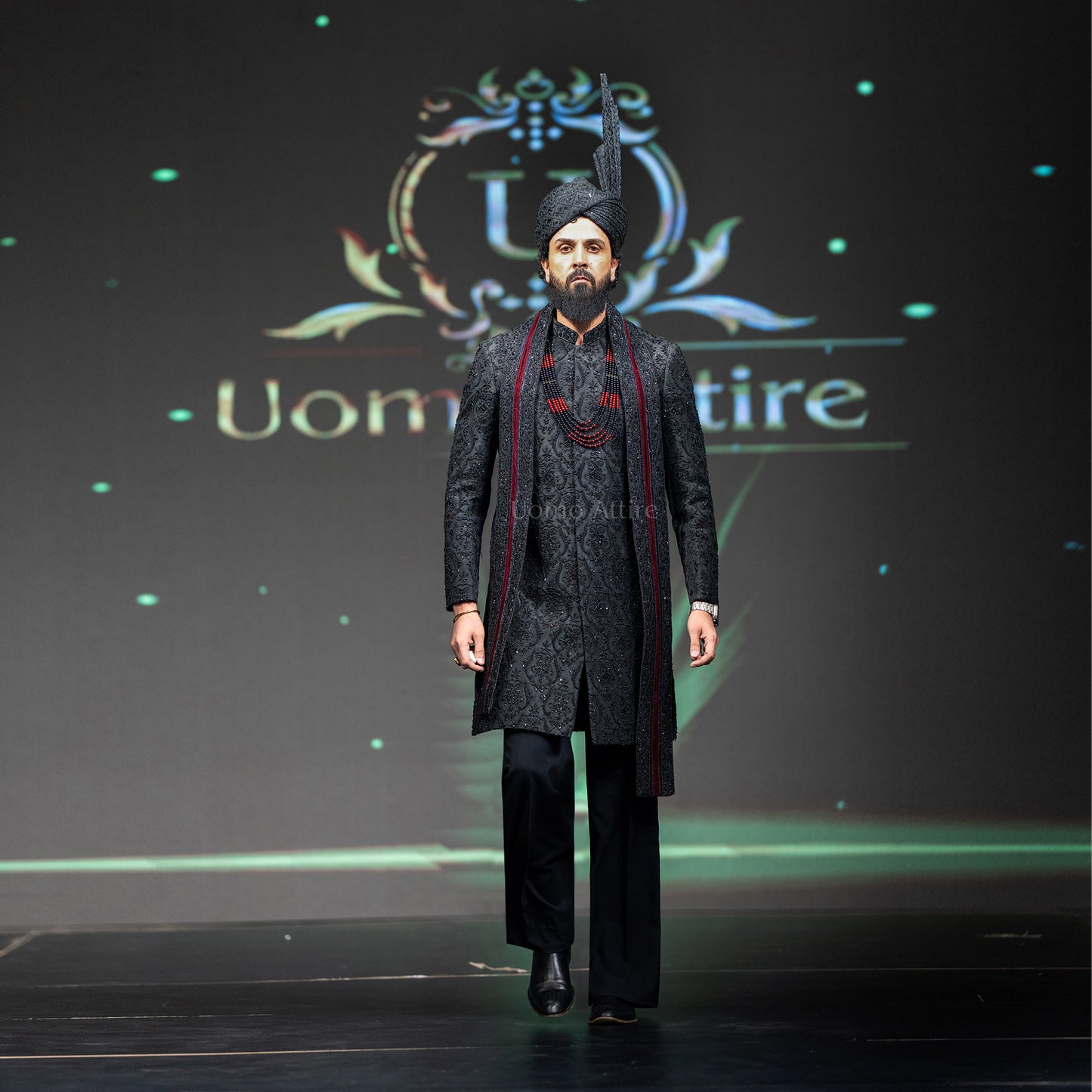 
                  
                    Men's Luxury Black Embroidered Sherwani with Groom Turban & Mala
                  
                