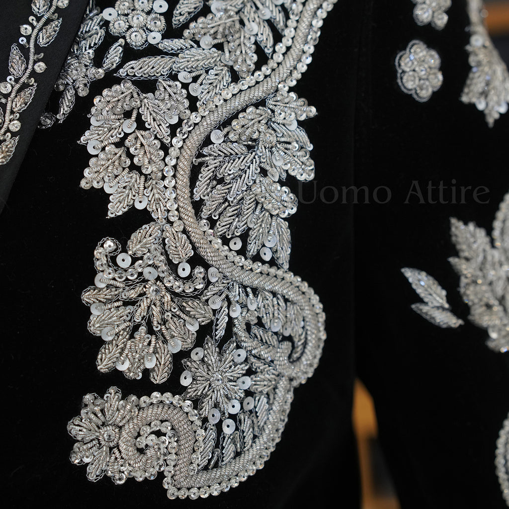 Men's Luxury Black Velvet Embroidered Tuxedo 2-Piece Suit