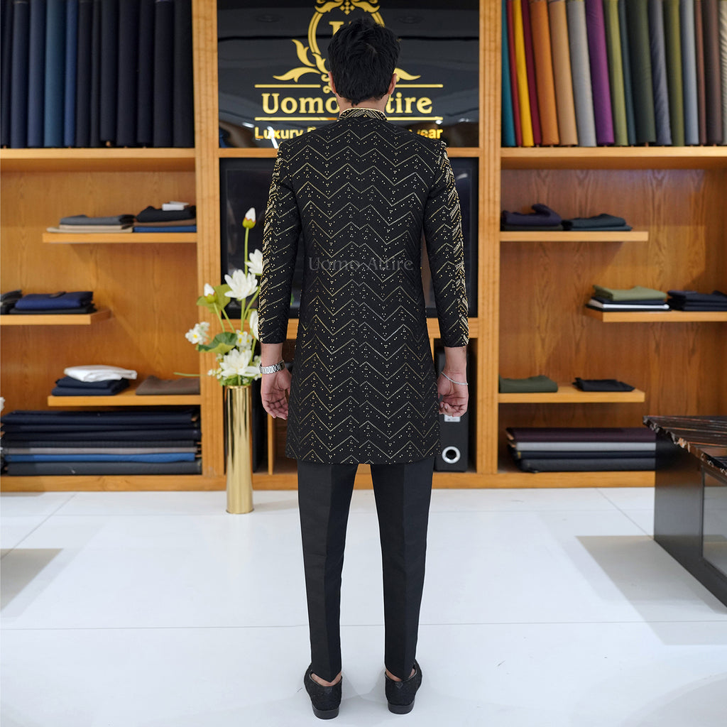 Men's Luxury Black Embroidered Sherwani with Gold Detailing & Saafa