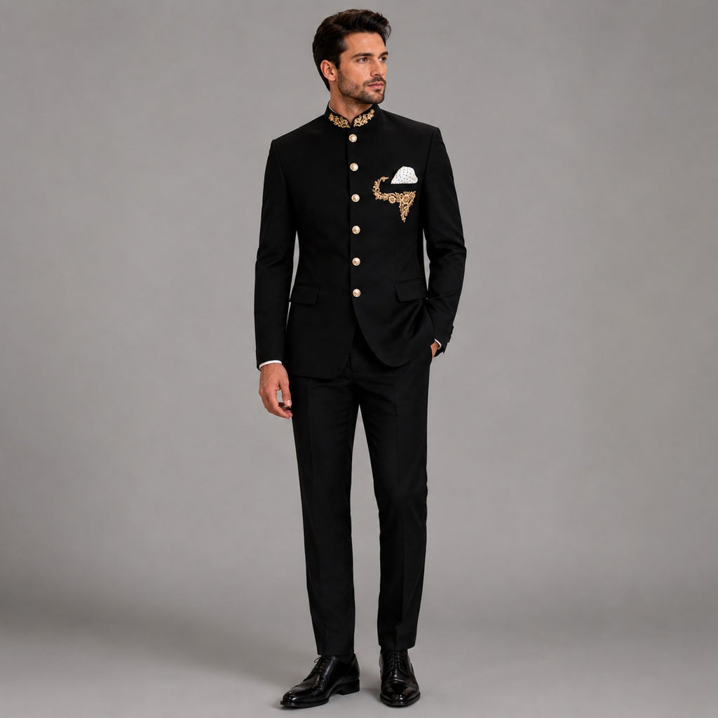 black mandarin collar suit for men