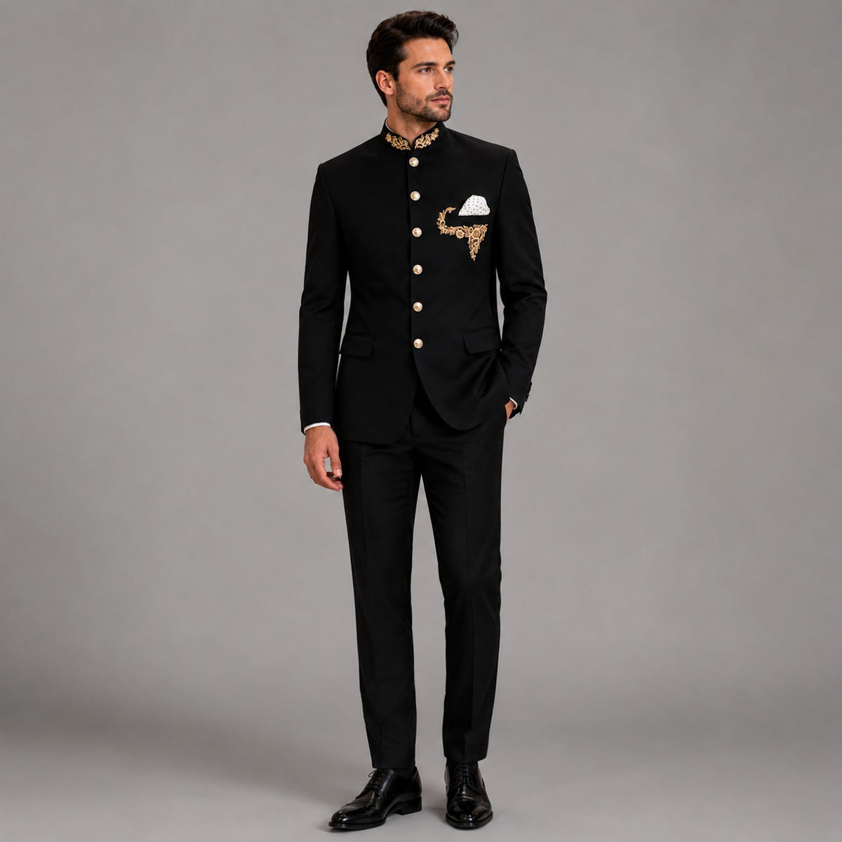 black mandarin collar suit for men