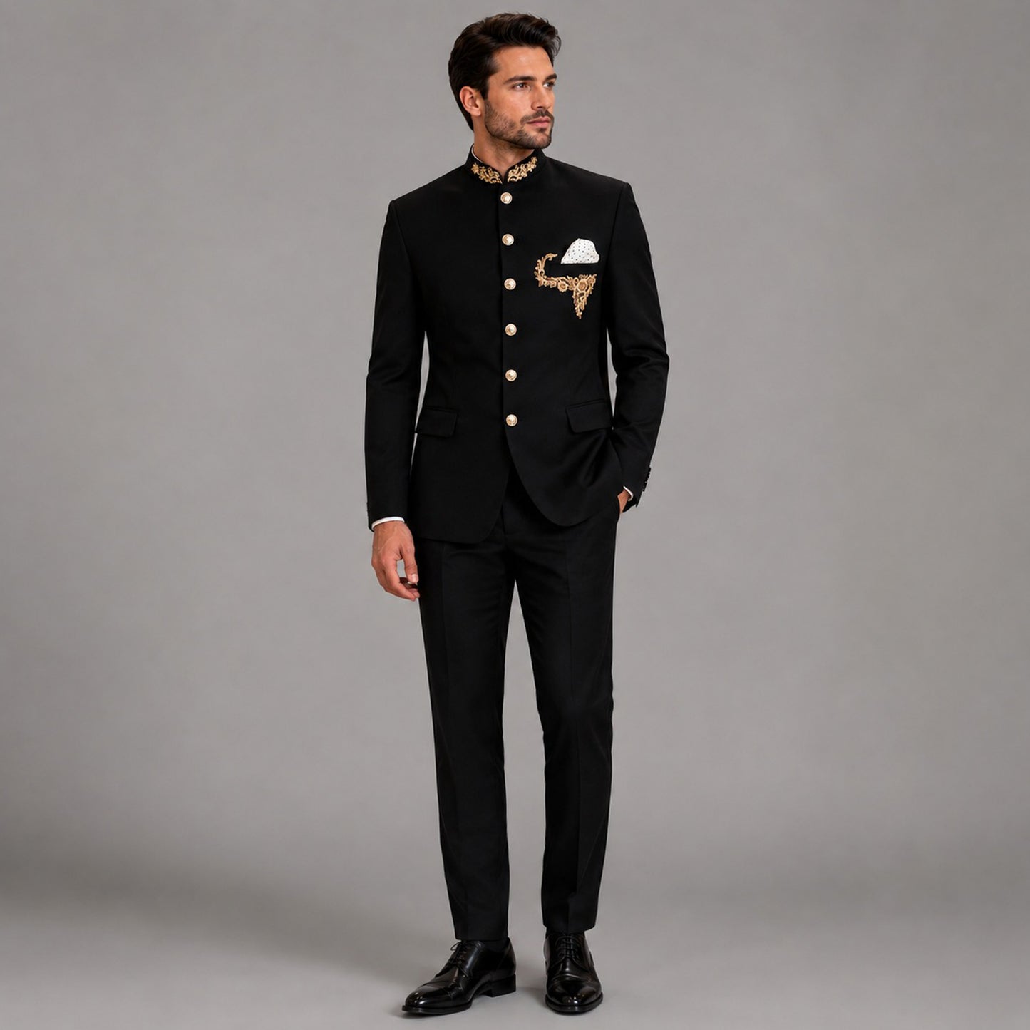 black mandarin collar suit for men