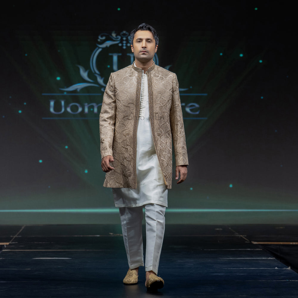 Men's Luxury Golden Beige Short Sherwani with Heavy Embroidery