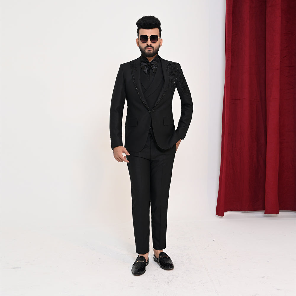 Men's Luxury Black Embellished 3-Piece Tuxedo with Hand-Beaded Lapel & Shoulders