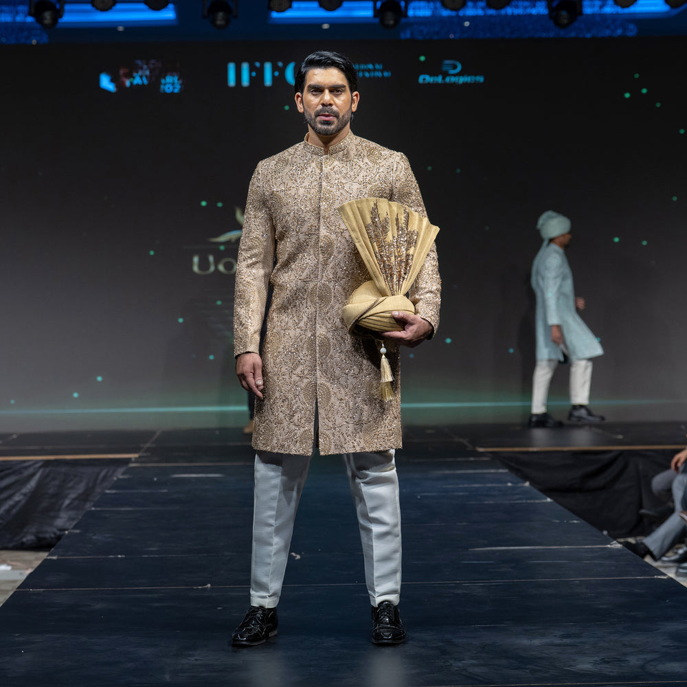 Men's Luxury Golden Embroidered Sherwani with Turban