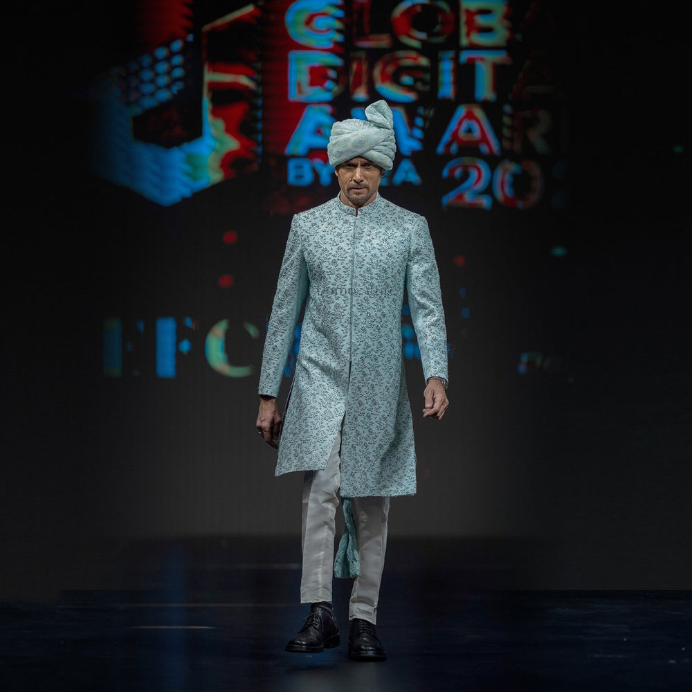 Men's Luxury Ice Blue Embroidered Sherwani with Matching Turban