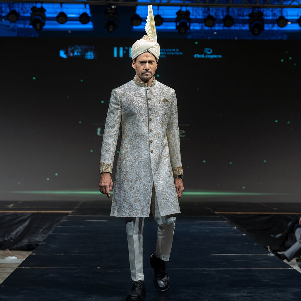 Men's Luxury Ivory & Gold Embroidered Sherwani with Royal Kalgi Turban