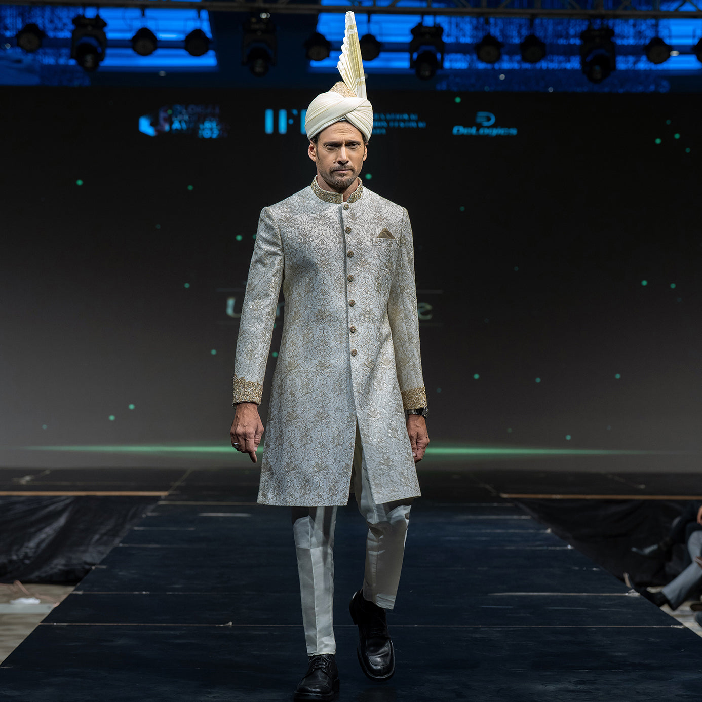 
                  
                    Men's Luxury Ivory & Gold Embroidered Sherwani with Royal Kalgi Turban
                  
                