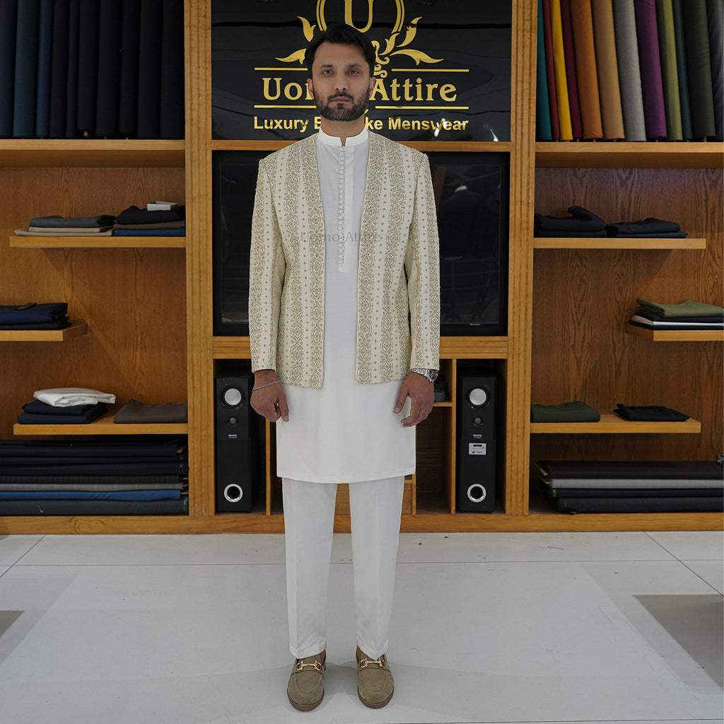 Men's Luxury Off-White Embroidered Prince Coat with White Kurta