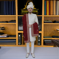Men's Luxury Off-White Embroidered Sherwani with Maroon Velvet Shawl & Turban