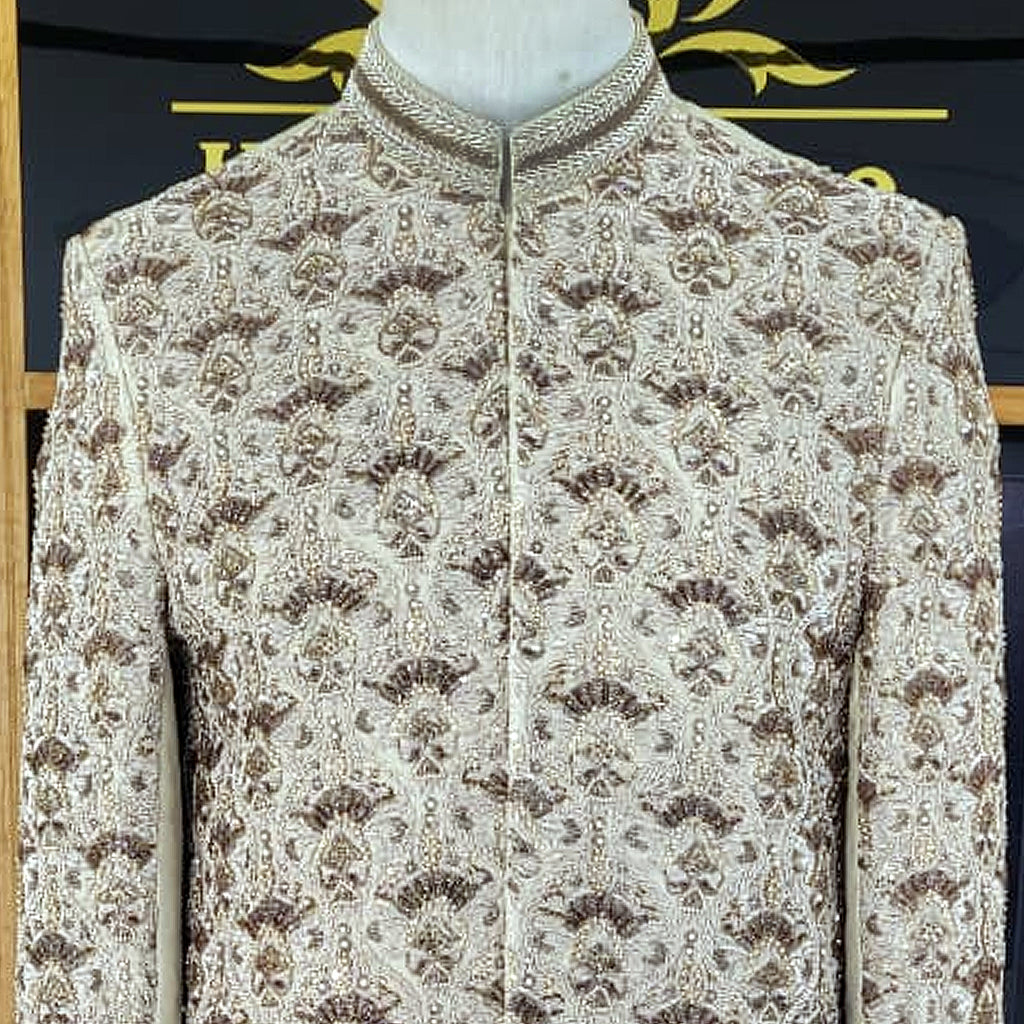 Men's Luxury Cream Embroidered Sherwani with Matching Kurta Pajama