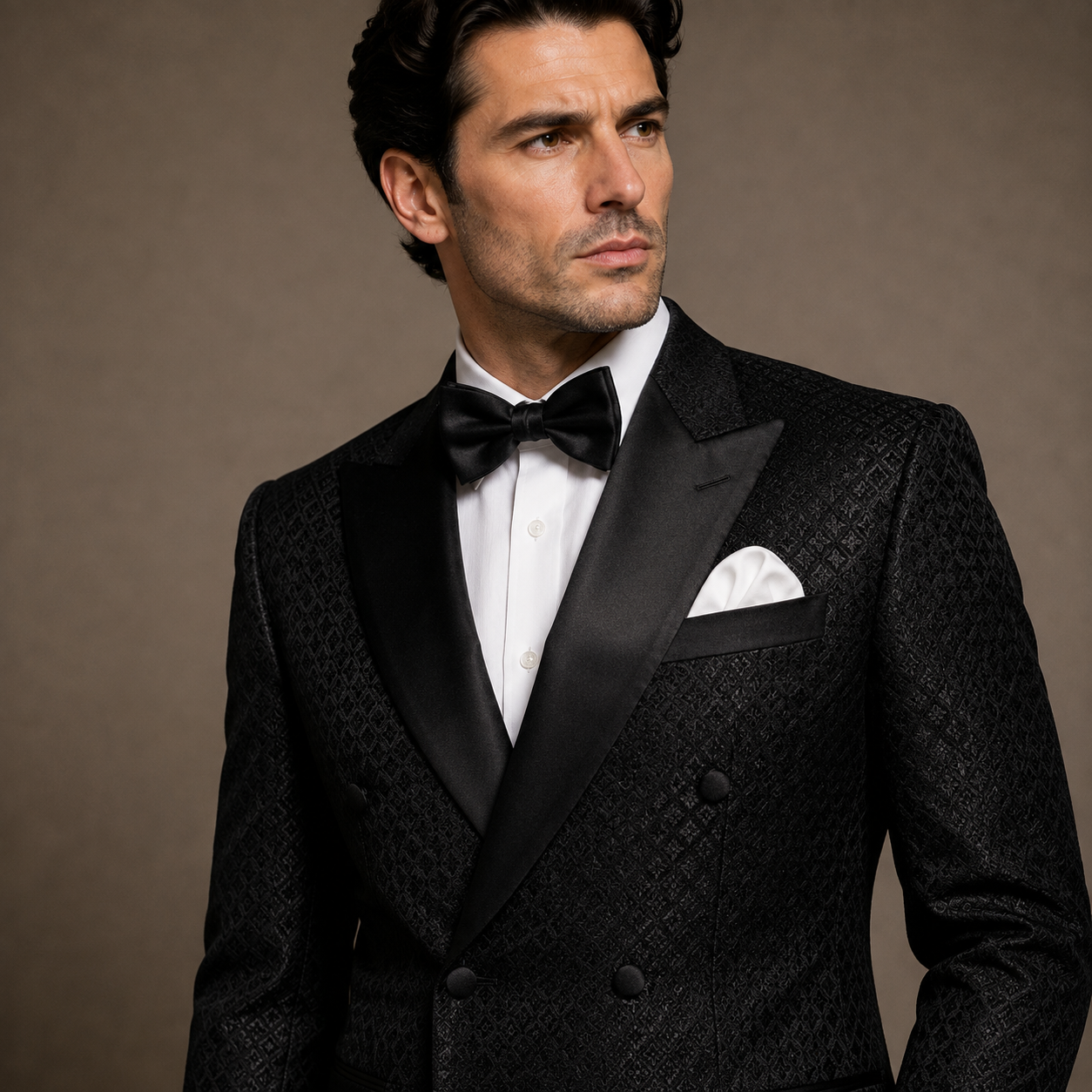 
                  
                    Black Jamawar Double Breasted Tuxedo Suit for Men
                  
                