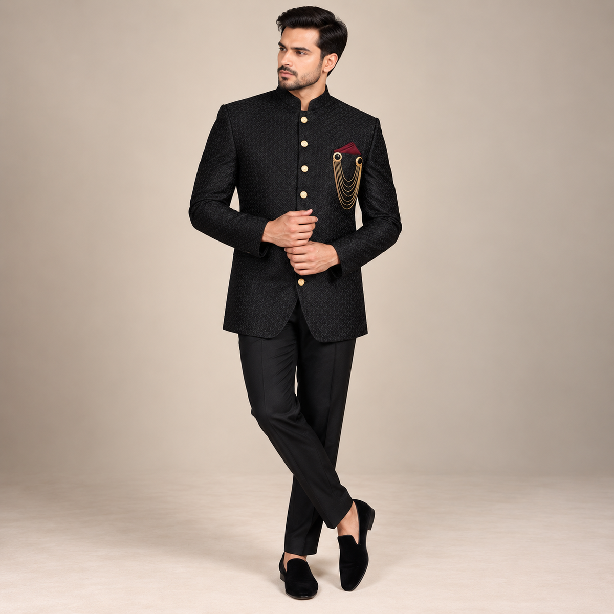 Black fully embroidered prince coat design