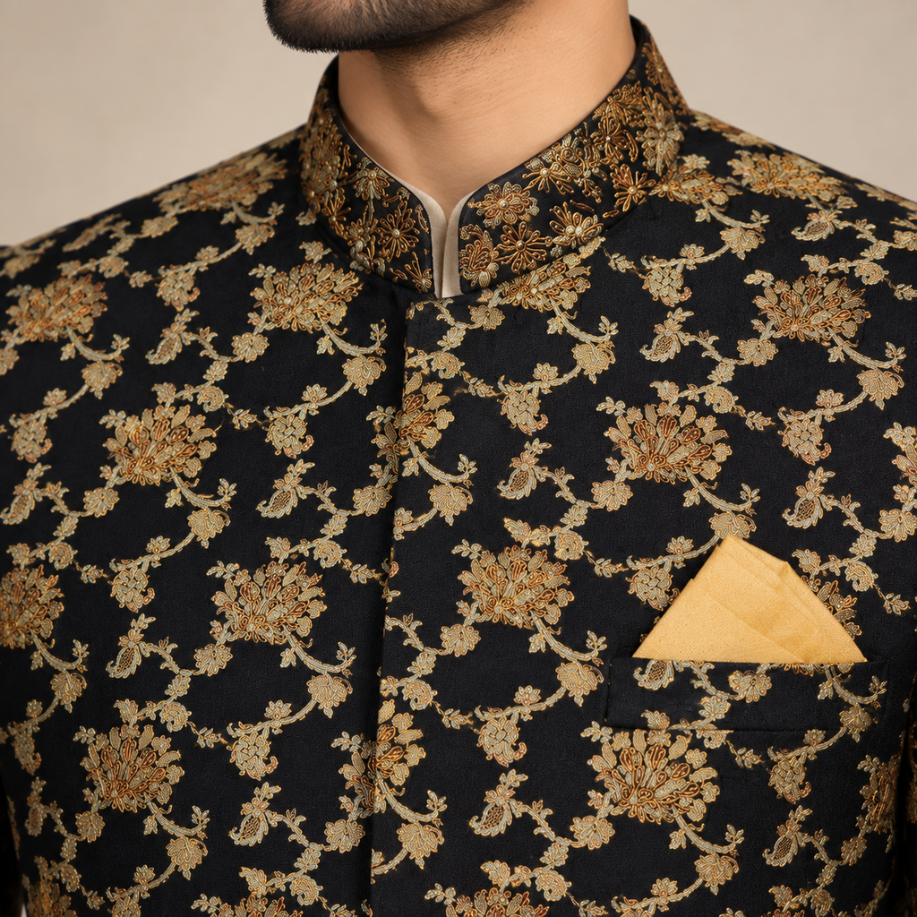 Black and golden full embellished prince coat in self design fabric
