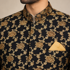 Black and golden full embellished prince coat in self design fabric