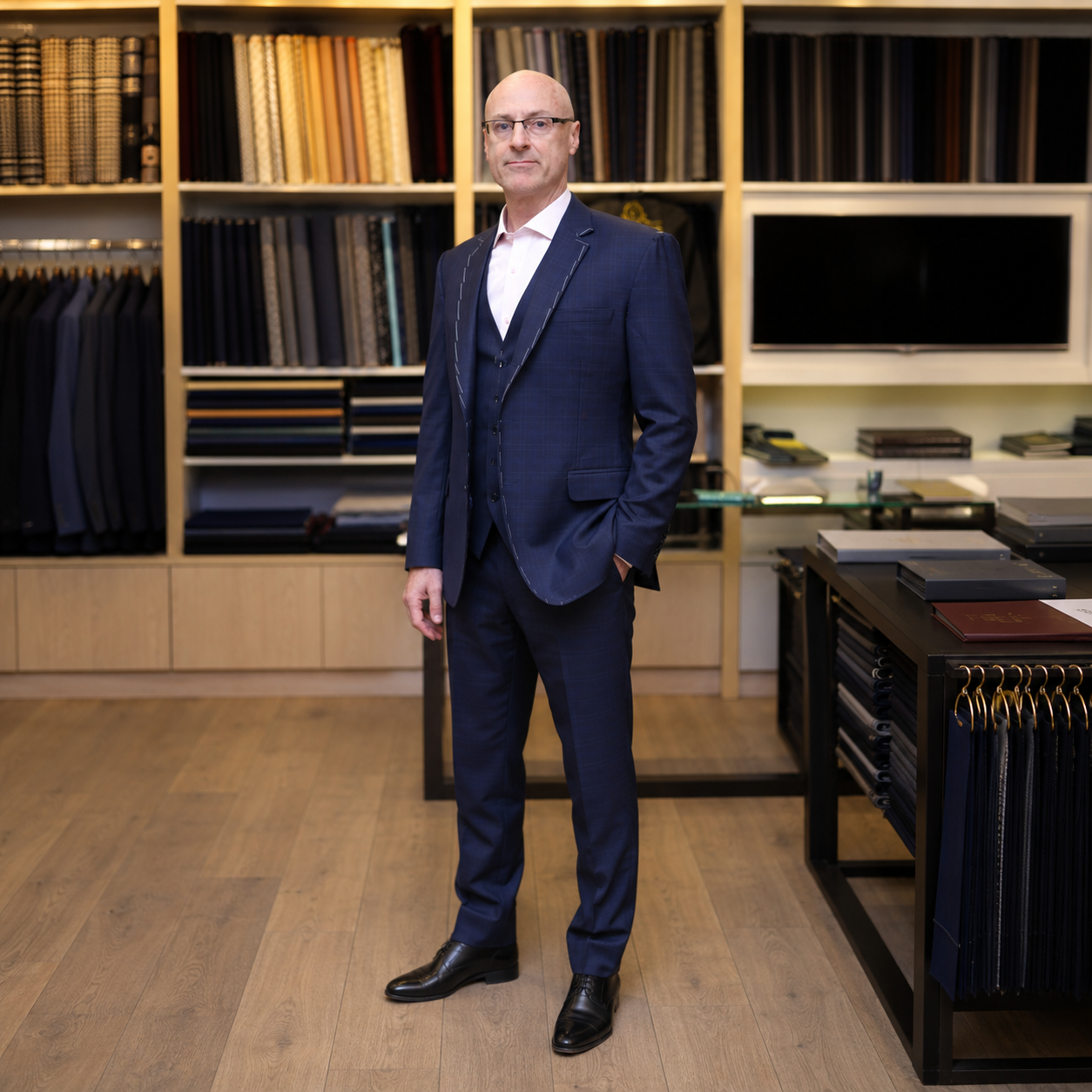 
                  
                    Simon James Mitchell wearing Navy Blue 3 Piece Suit in Cashco Wool
                  
                