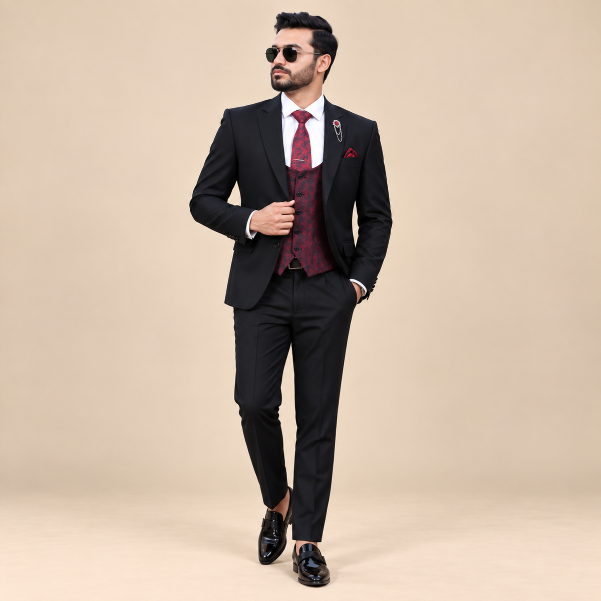 Luxury Black Customized Three-Piece Suit For Men with Contrasting Maroon Checkered Waistcoat