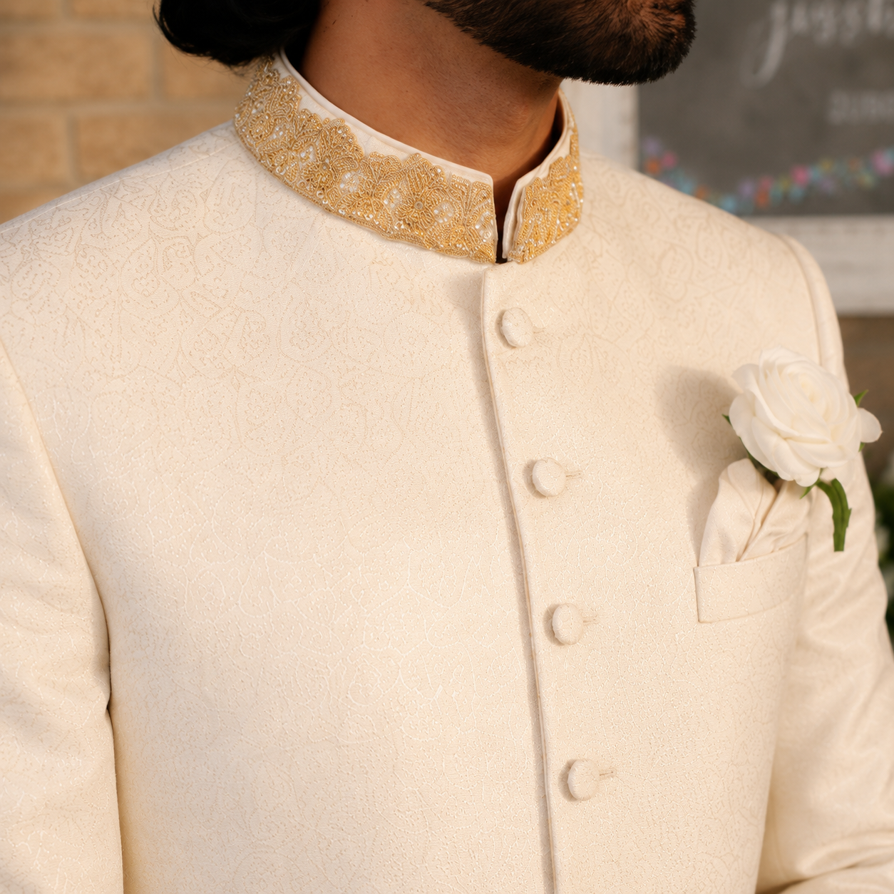 
                  
                    Mr. Hamza Sultan Wearing Off White Groom Sherwani for Men in Embossed Jamawar
                  
                