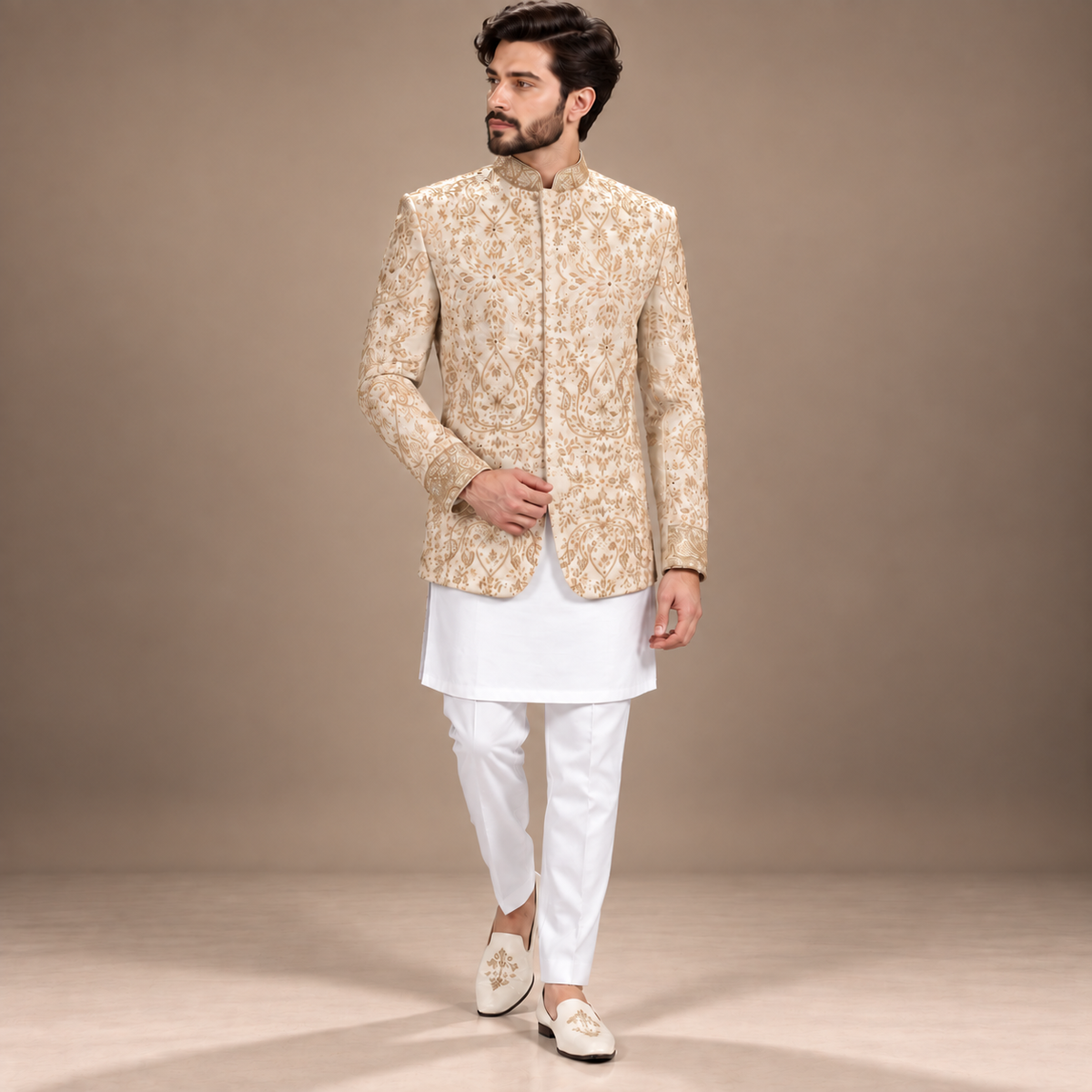 LUXURY PURE WHITE RAW SILK PRINCE COAT WITH HAND EMBELLISHED EMBROIDERY | ELEGANT MEN'S ETHNIC FORMAL WEAR