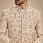 LUXURY PURE WHITE RAW SILK PRINCE COAT WITH HAND EMBELLISHED EMBROIDERY | ELEGANT MEN'S ETHNIC FORMAL WEAR