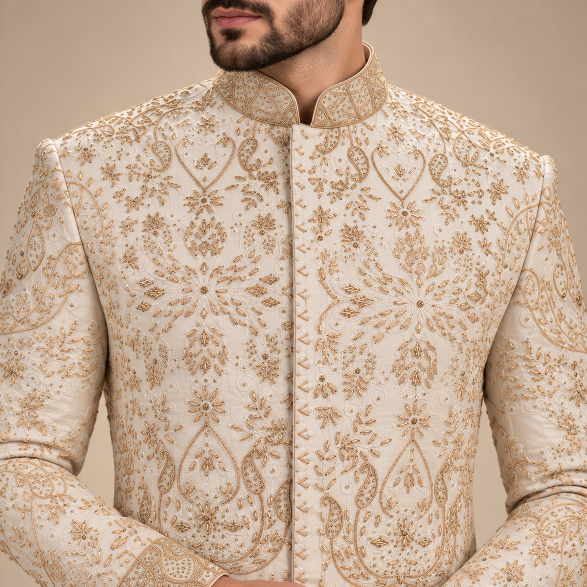 LUXURY PURE WHITE RAW SILK PRINCE COAT WITH HAND EMBELLISHED EMBROIDERY | ELEGANT MEN'S ETHNIC FORMAL WEAR