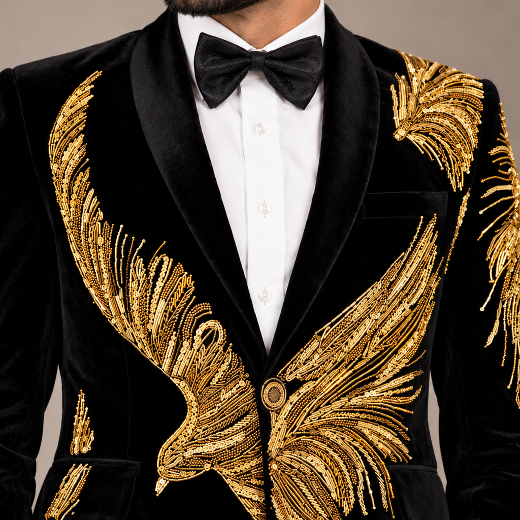 Jet Black Luxury Velvet Tuxedo with Intricate Golden Feather-Inspired Hand Embellishment