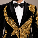 Jet Black Luxury Velvet Tuxedo with Intricate Golden Feather-Inspired Hand Embellishment