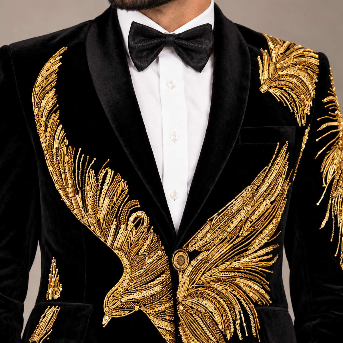 Jet Black Luxury Velvet Tuxedo with Intricate Golden Feather-Inspired Hand Embellishment